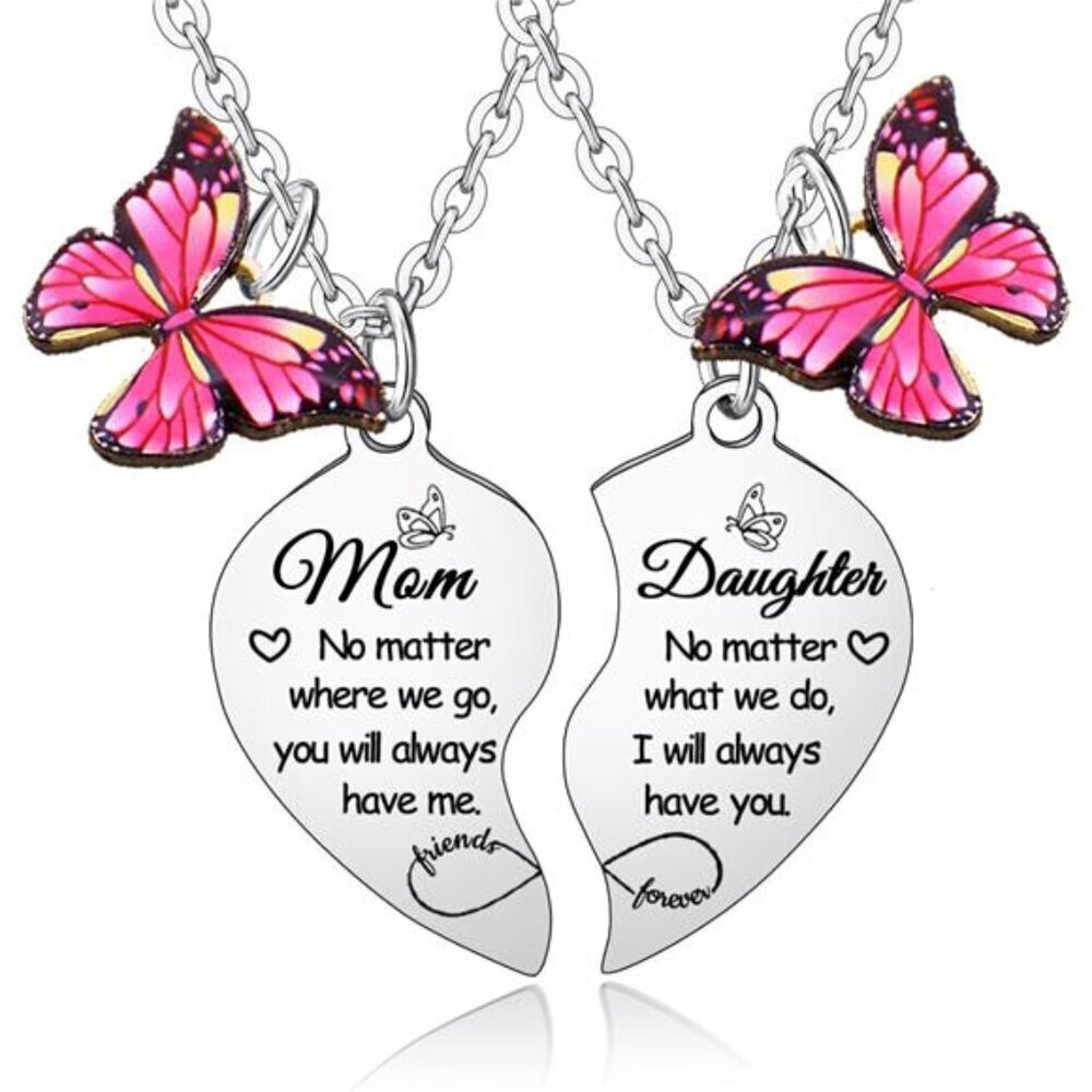 2 PCs Mother Daughter Heart Matching Pendant Necklaces Set for Mom Daughter